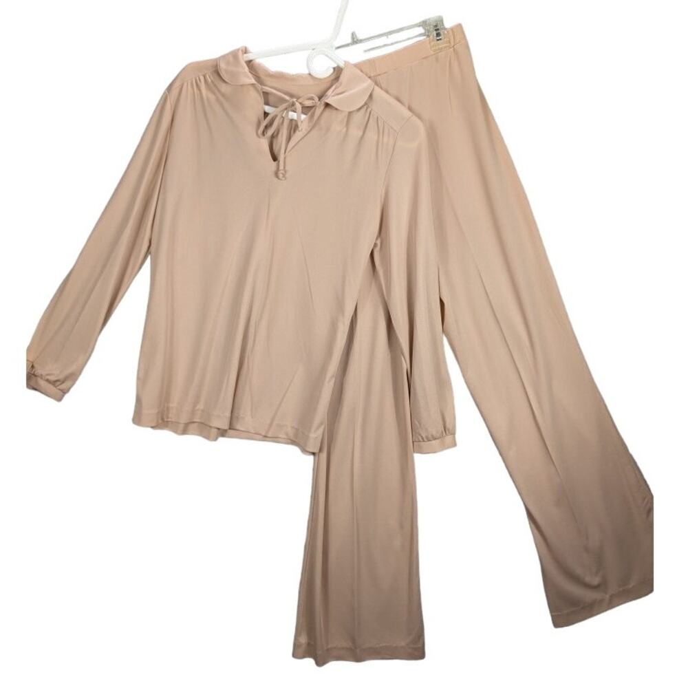Vintage 1970s 2 piece Pant shirt set Womens 10 blush pink Soft Boho Retro Twee